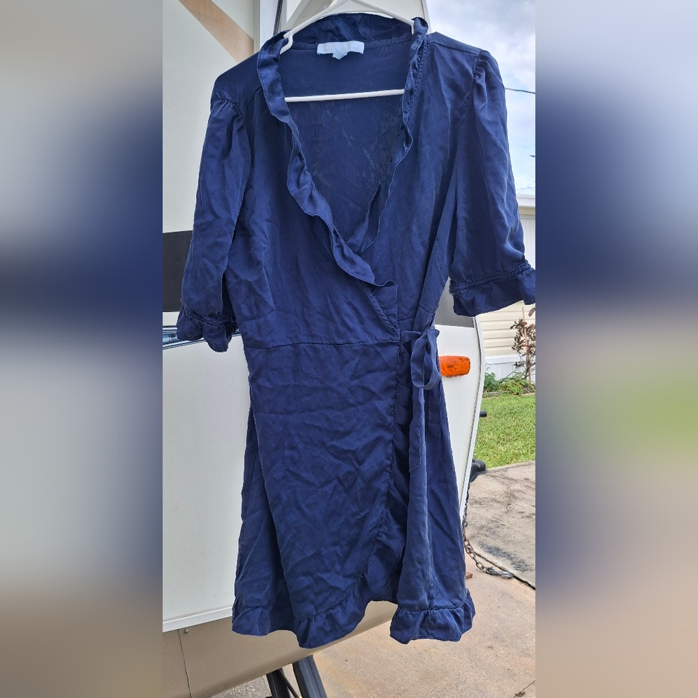 Home The Nima In Navy Silk Wrap Dress Robe From Hill House Ruffled Side Tie